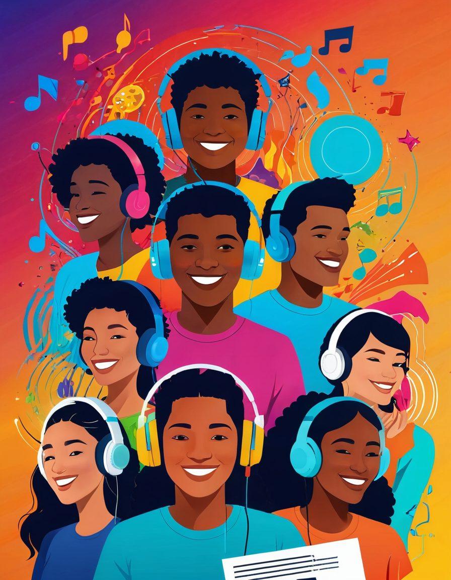 A vibrant scene depicting diverse people with headphones, smiling as they engage with various audio devices like smartphones and record players. Colorful sound waves visually emanate from the devices, creating a sense of joy and excitement. Include elements like musical notes and playful icons representing different podcast genres in the background. The overall composition should embody happiness and connection through sound. bright colors. modern illustration.