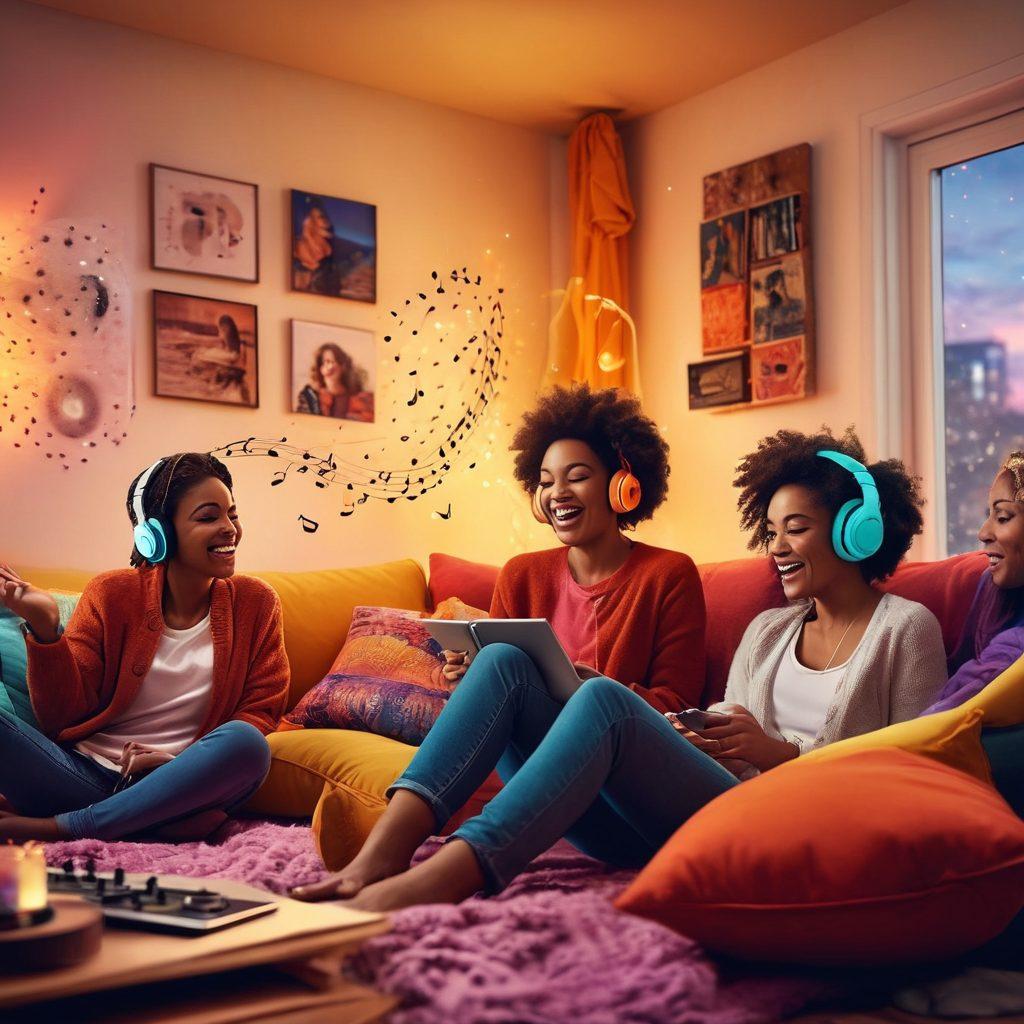 A diverse group of people enjoying joyful audio content together, sitting in a cozy room filled with colorful cushions and warm lighting. One person is laughing, another is smiling with headphones on, and there are sound waves visually emanating from a record player. Include elements like musical notes swirling around and a vibrant atmosphere that represents connection and happiness. super-realistic. vibrant colors. cozy setting.