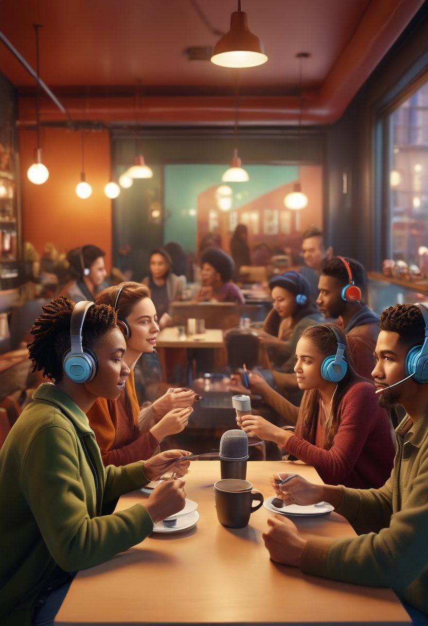 An engaging scene of diverse individuals gathered in a cozy urban café, animatedly discussing topics with microphones and headphones, showcasing a sense of community. A backdrop of podcasting equipment, sound waves visually radiating from the center, symbolizing collaborative storytelling. Warm, inviting colors to evoke a sense of connection and inspiration. super-realistic. vibrant colors. 3D.